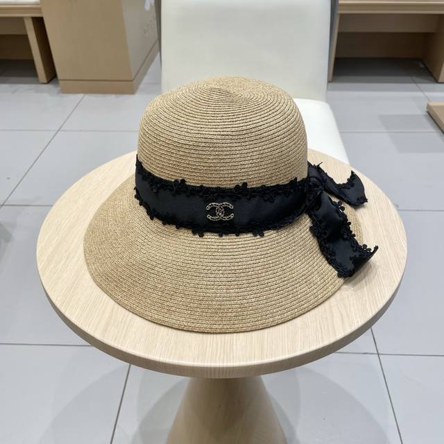 chanel Small Fresh Lace Bow Straw Fisherman Hat Female Korean Summer Travel S