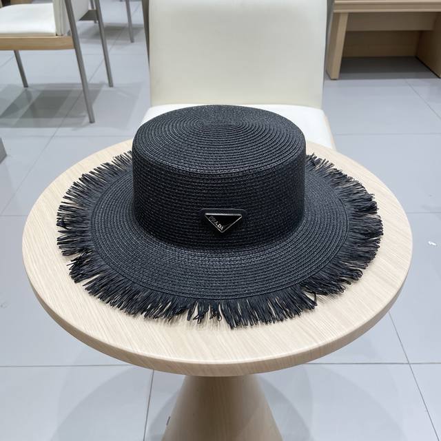 Prada 2025 New Flat Top Tassel Straw Hat Advanced Customization Stock Multi-Head