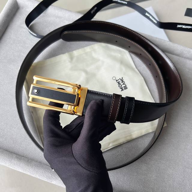 Montblanc Black Brown Reversible Belt 35Mm Rectangular Hollow 3 Ring Pattern Bla