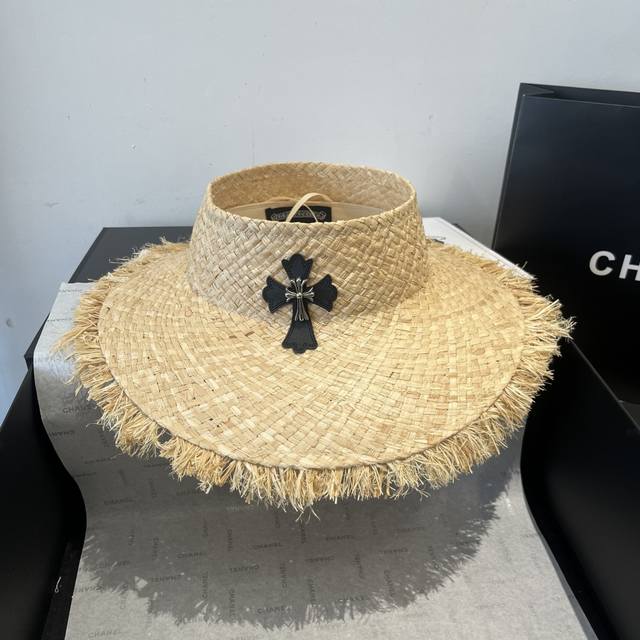 Chrome Hearts New Hollow Top Straw Hat Made Of Raffia, Light And Versatile, Head