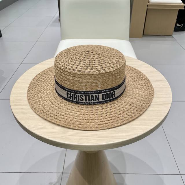 dior 2025 New Hollow Flat-Top Straw Hat Head Circumference 57Cm Black Khaki 2