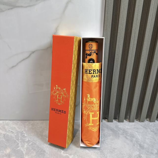 hermes New Summer Fully Automatic Folding Umbrella Black Coating Sunscreen Ef