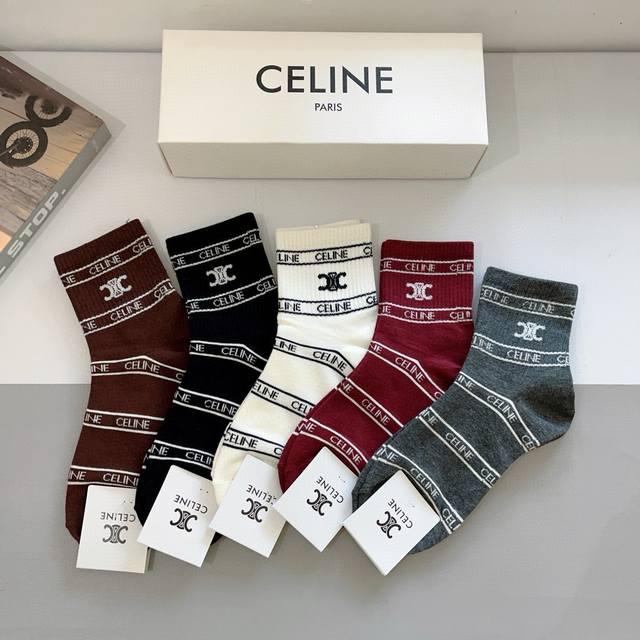 With Packaging 5 Pairs Per Box Celine New Mid-Tube Socks Pure Cotton Fabric Coun