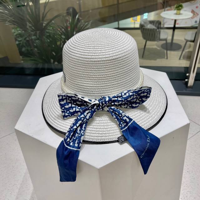 dior Dior New Straw Hat With Bow Ribbon And Hat Head Circumference 57Cm