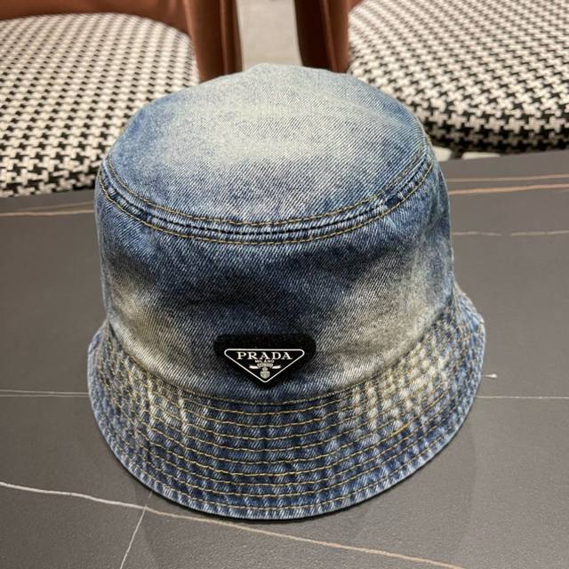 Classic Prada Denim Bucket Hat With Washed Gradient Effect, Standard For Street