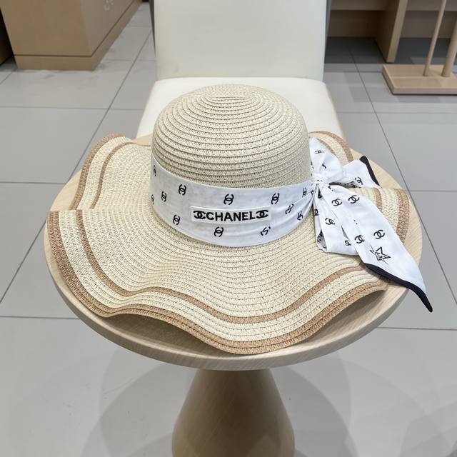 chanel Chanel Ribbon Straw Hat Wavy Brim Sun Hat Head Circumference 57Cm