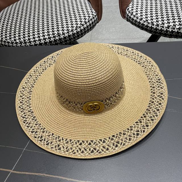 gucci 2025 New Large Brim Patchwork Bag Large Straw Hat Celebrity Style Sun H