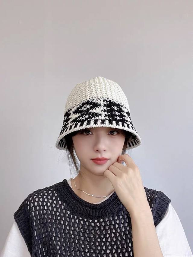 Chanel Japanese Color Matching Retro Diamond Grid Sunshade Knitted Hat Female Sp