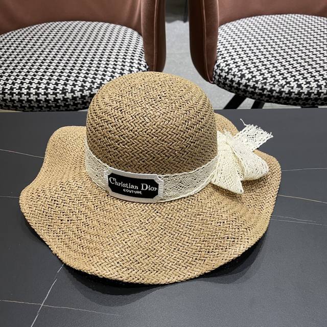 Dior Dior Travel Vacation Summer Sun Protection Large Brim Straw Hat Bow Sun Hat