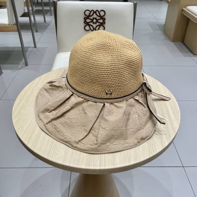 Hermes New Summer Hat Women's Knitted Bow Sun Hat Anti-Ultraviolet Folding Breat