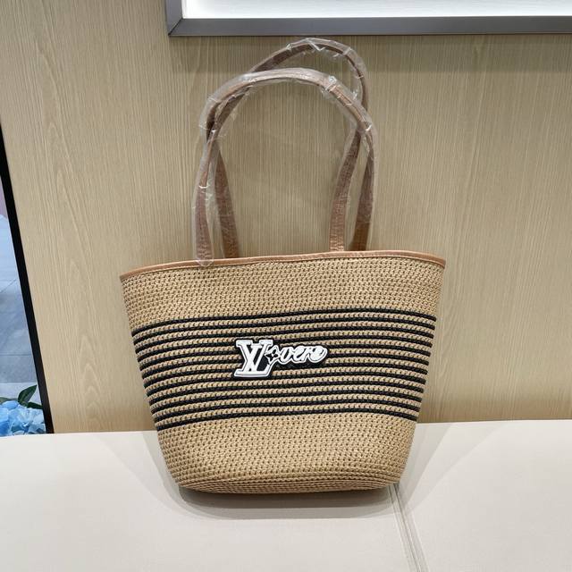 Louis Vuitton Baseball Cap Louisvuitton Striped Straw Bag Large Capacity Fashion