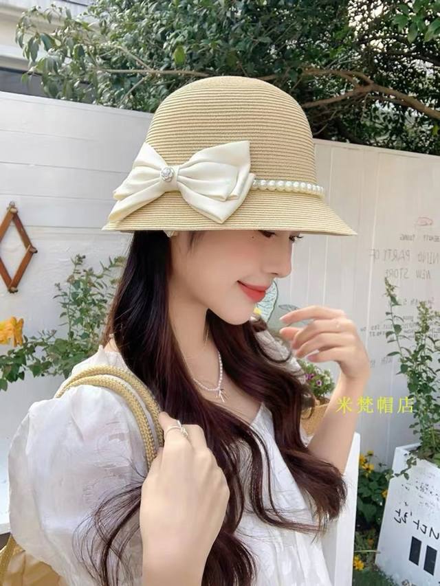 Dior Dior Straw Hat French Retro Big Pearl Bow Sun Hat Female Summer Sun Hat Buc