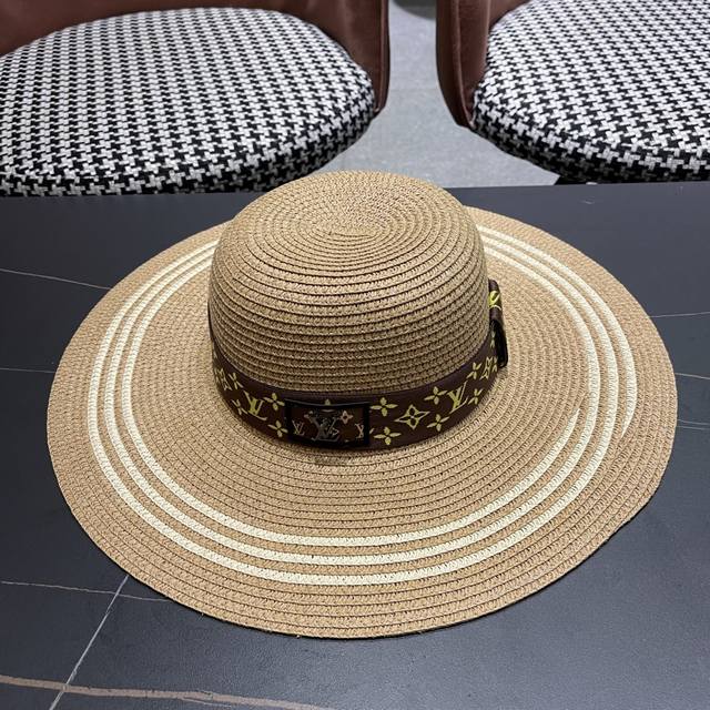 Louis Vuitton Lv French Hepburn Style Hat Striped Large Brim Straw Hat Female Su