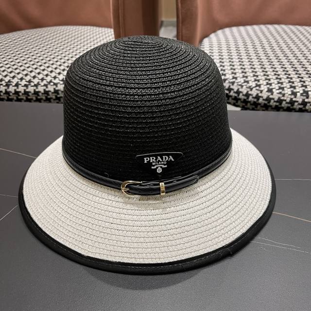 Prada 2025 New Inverted Triangle Decorative Straw Bucket Hat Summer Travel Breat