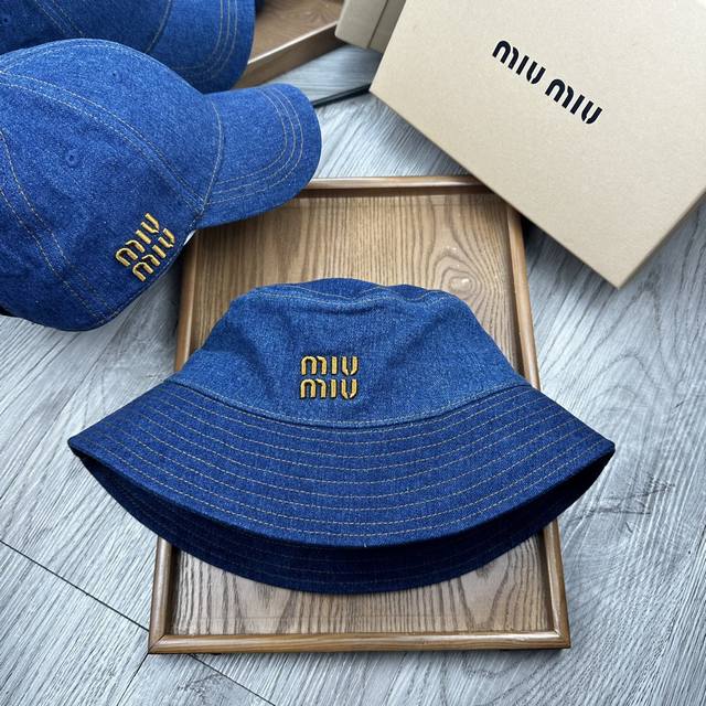 Special Offer Miu Miu Denim Embroidered Bucket Hat Classic Style Denim Color Is