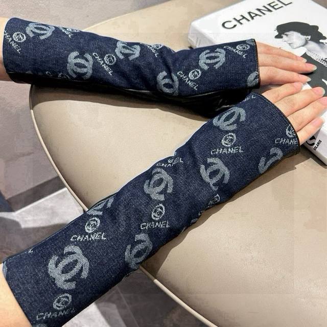 Chanel New Long Denim And Sheepskin Gloves Fashionable Motorcycle Gloves Autumn