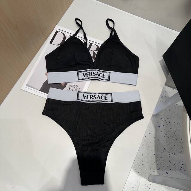 versac*New Ribbon Bikini Two-Piece Swimsuit Set Black White