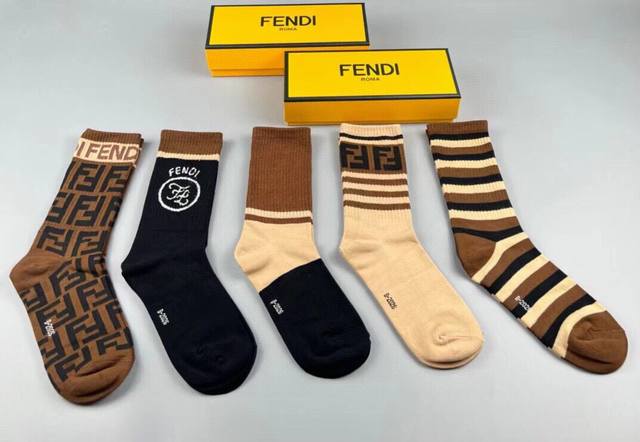 Fendi New Mid-Tube Socks From Galeries Lafayette. Five Pairs In A Box. Super Cla