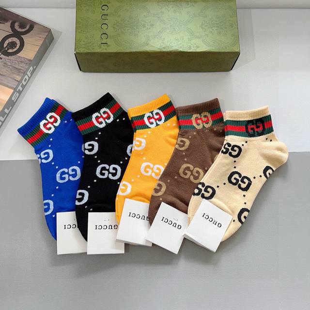 With Packaging 5 Pairs Per Box Gucci New Boat Socks Pure Cotton Fabric Hot Patte