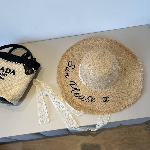 chanel Chanel Raffia Straw Beach Hat Large Brim Hat Head Circumference 57Cm