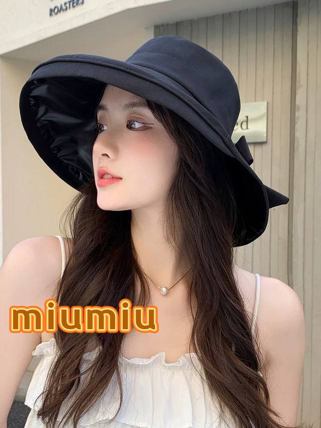 Miu Miu Miumiu Fisherman Hat Female Summer New Large Brim Elegant Bow Sun Hat Ou
