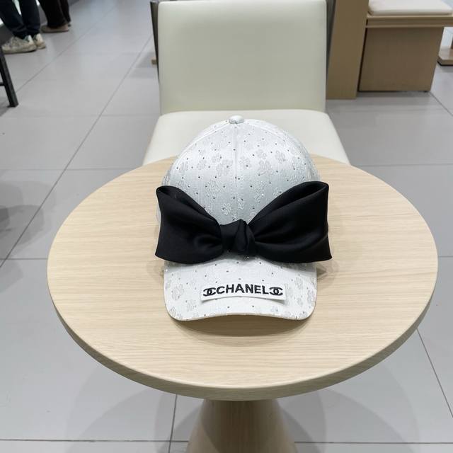 chanel Chanel 2025 Front Bow Full Rhinestone Baseball Cap For Women Summer Ne