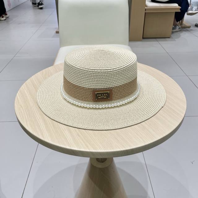 Prada New Flat Top Hat Ethnic Style Straw Hat Head Circumference 57Cm