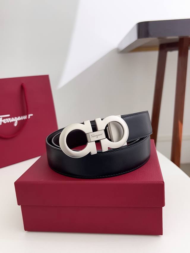 Ferragamo Width 3.5Cm Double-Sided Italian Imported Black Plain Cowhide Durkopp