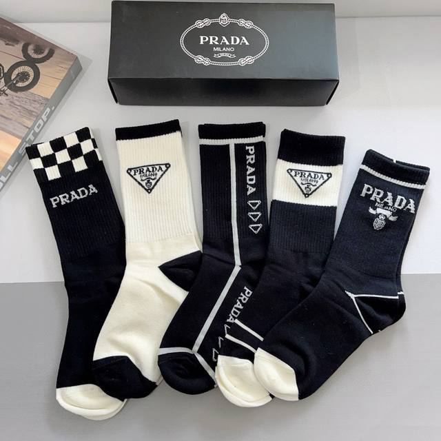 With Packaging 5 Pairs Per Box Prada Prada New High-End Cotton Material Long Soc