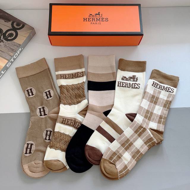 With Packaging 5 Pairs In A Box Hermes High Version Long Calf Socks Super Soft F