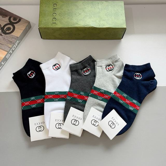 With Packaging 5 Pairs Per Box Gucci Popular Classic Men's Boat Socks Embroidere