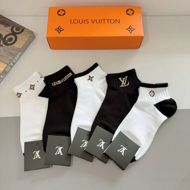 With Packaging 5 Pairs Per Box Lv Louis Vuitton Super Hot Men's Boat Socks Pure
