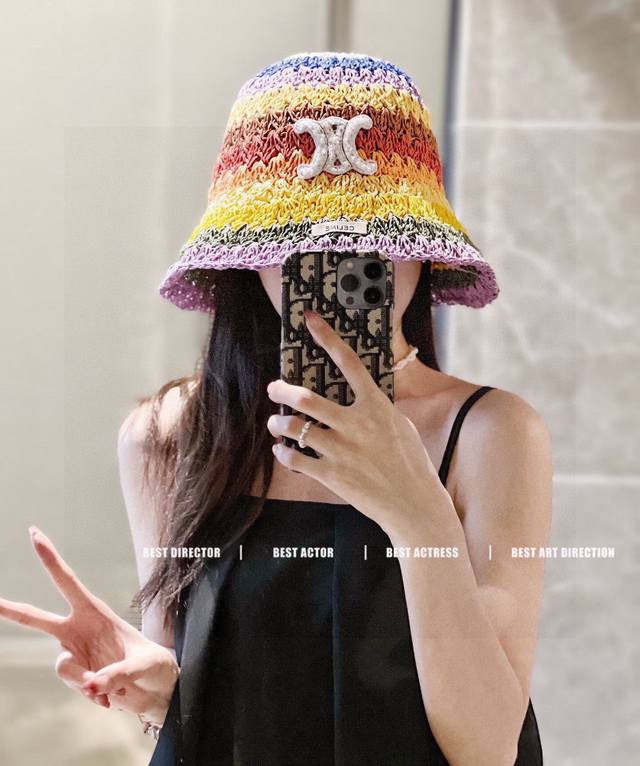 Comes With A Dust Bag. Celine 2025 New Style Hyuna Style Rainbow Woven Bucket Ha