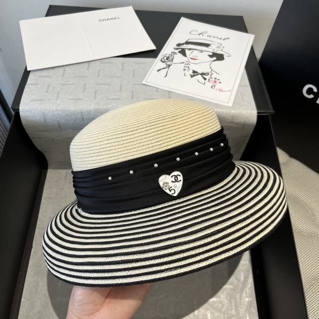 chanel Chanel High-End Straw Hat Striped Lantern Hat Celebrity Style Head Cir