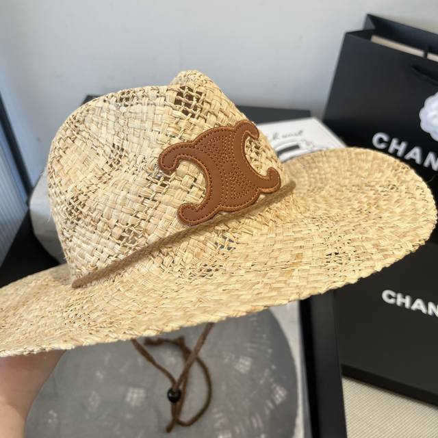 celine Celine Raffia Straw Hat Cowboy Hat With Windproof Rope, Light And Vers