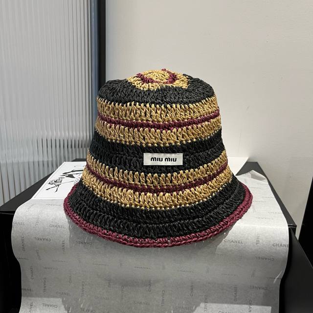 miumiu Paper Straw Crochet Straw Basin Hat Color Matching Stripes Foldable Su