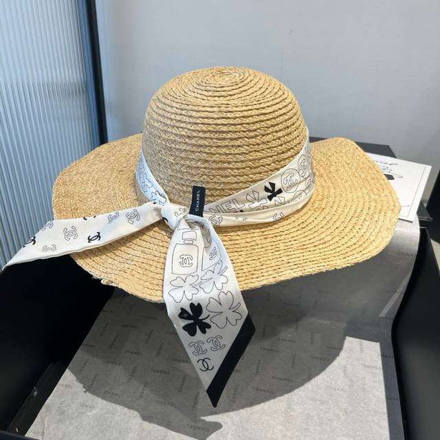 chanel Chanel Raffia Sun Hat With Silk Ribbon, Must-Have For Travel, Head Cir