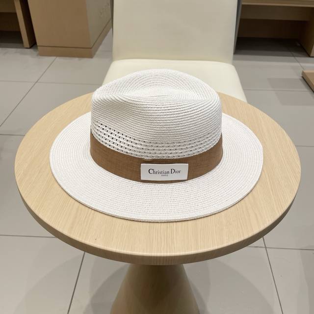 Dior French Hollow Flat-Top Straw Hat For Men And Women With Wide Brim Summer Su