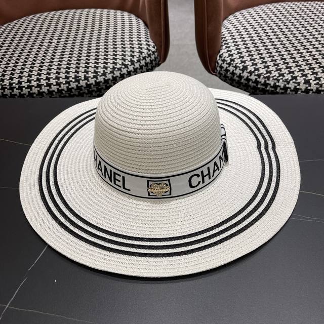 chanel Chanel 2025 New Straw Woven Hat With Large Brim And Color Matching Rib