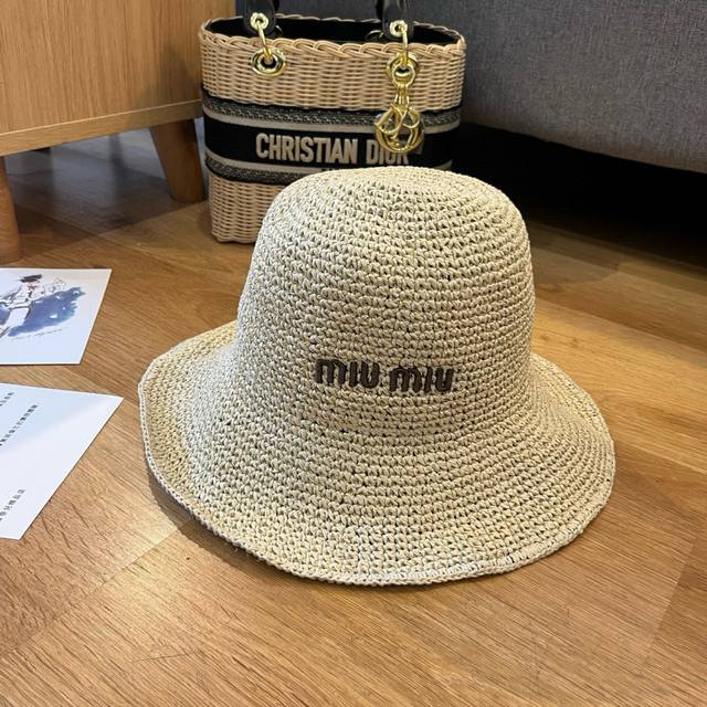 Special P Miumiu Miu Miu 2025 Summer Folding Straw Hat Pure Crochet Head Circumf