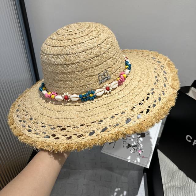 Miu Miu Miumiu New Raffia Straw Sun Hat Beach Straw Hat Head Circumference 57Cm