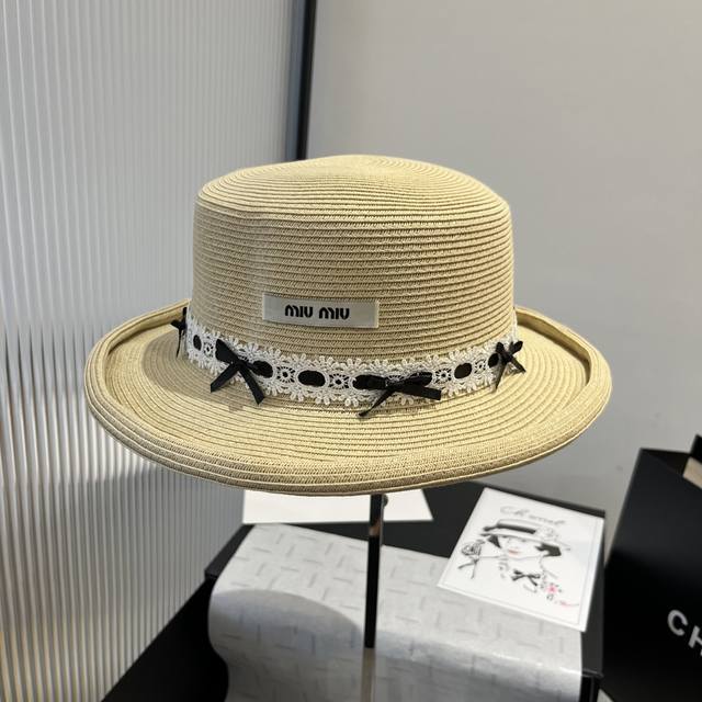 miumiu Miu Miu New Flat Top Straw Hat With Curled Brim, Head Circumference 57