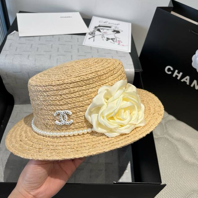 chanel Chanel Raffia Straw Hat Flat Top Hat Head Circumference 57Cm