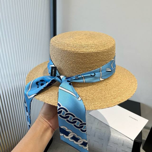 chanel Chanel Raffia Hat, Super Heavy Custom Made With Silk Bow Ribbon, Head