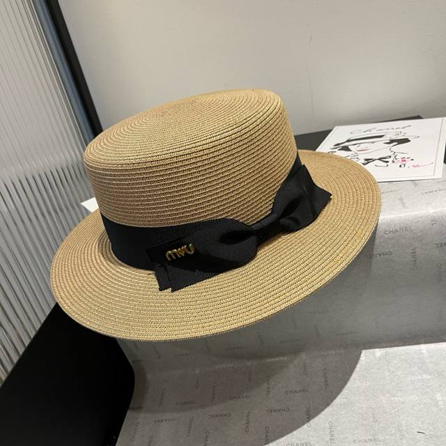 miumiu Miu Miu New Flat Top Hat Taiwan Pp Straw Fabric Advanced Custom Head C