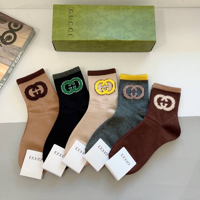 With Packaging 5 Pairs Per Box Gucci New Mid-Tube Socks Pure Cotton Fabric Hot P