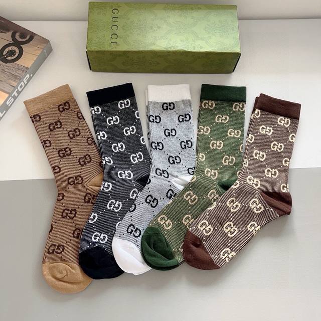 With Packaging 5 Pairs Per Box Gucci New Calf Socks Double Needle Double Path Fa