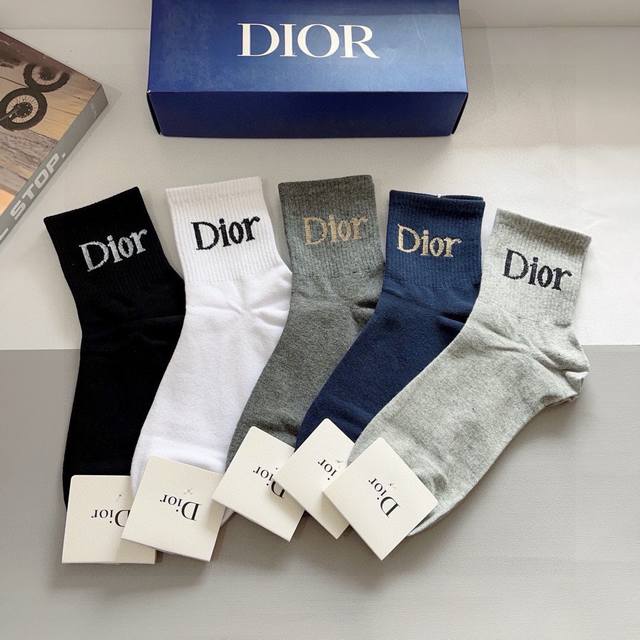 With Packaging, 5 Pairs Per Box Dior New Letter Men's Mid-Tube Socks, Popular Co