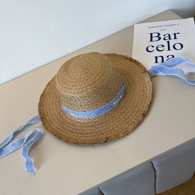 miumiu Miu Miu Raffia Straw Hat Flat Top Hat Head Circumference 57Cm