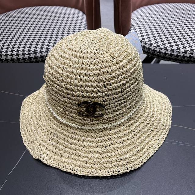 chanel Chanel Straw Hat Japanese Style Sweet Pearl Bow Straw Hat Female Summe